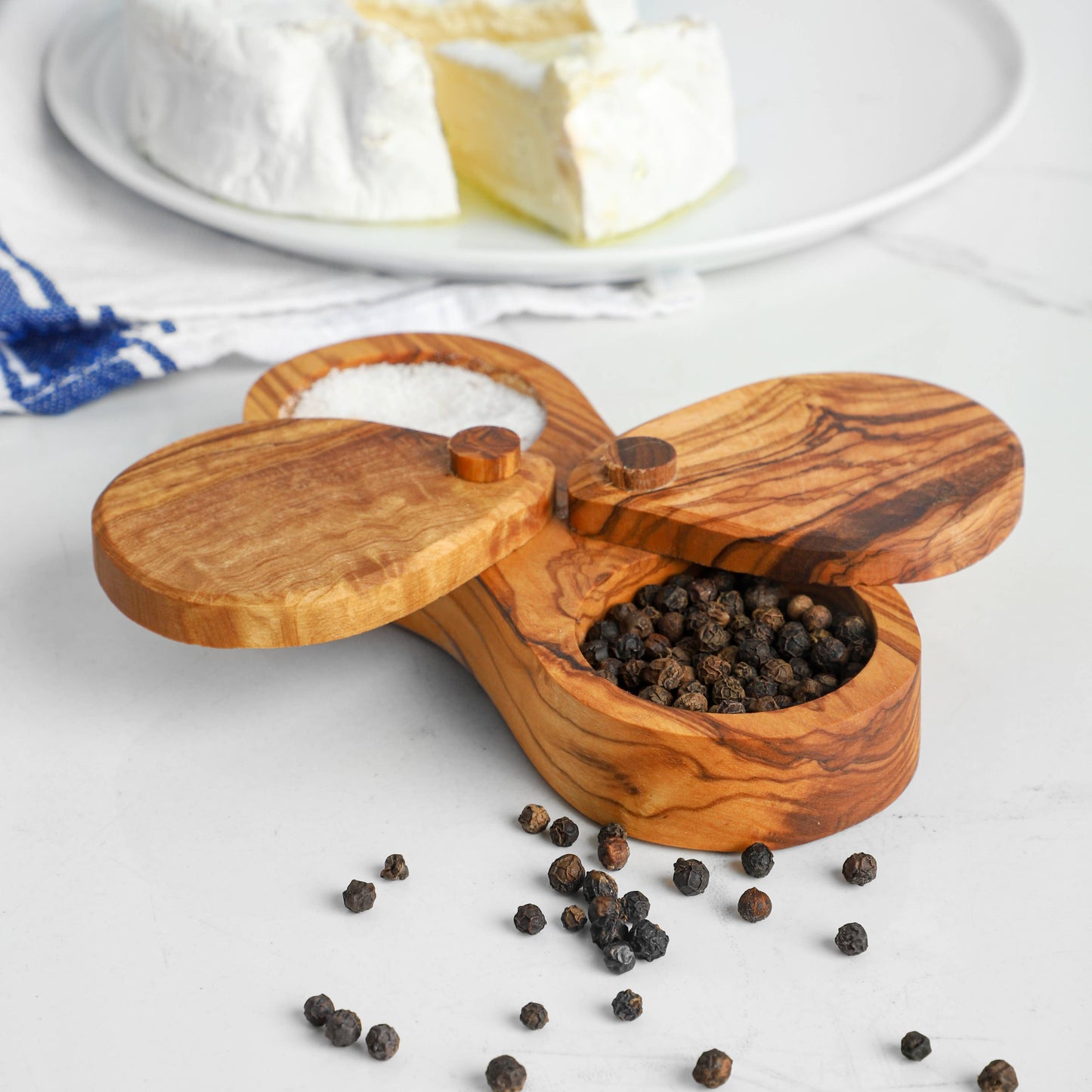 Olive Wood Salt & Pepper Box – Dual Compartment Jar with lid