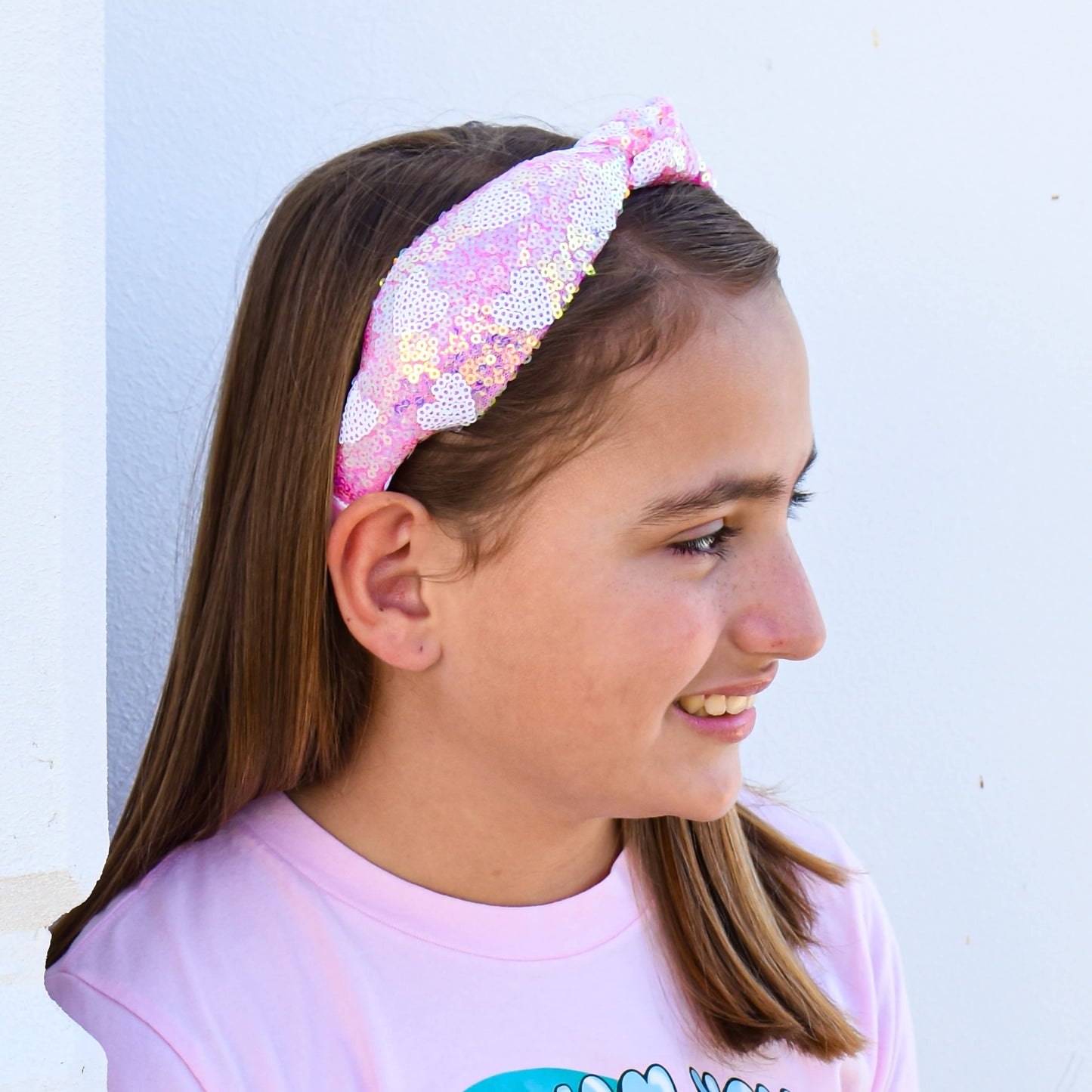 Pink Sequin Heart Knotted Headband