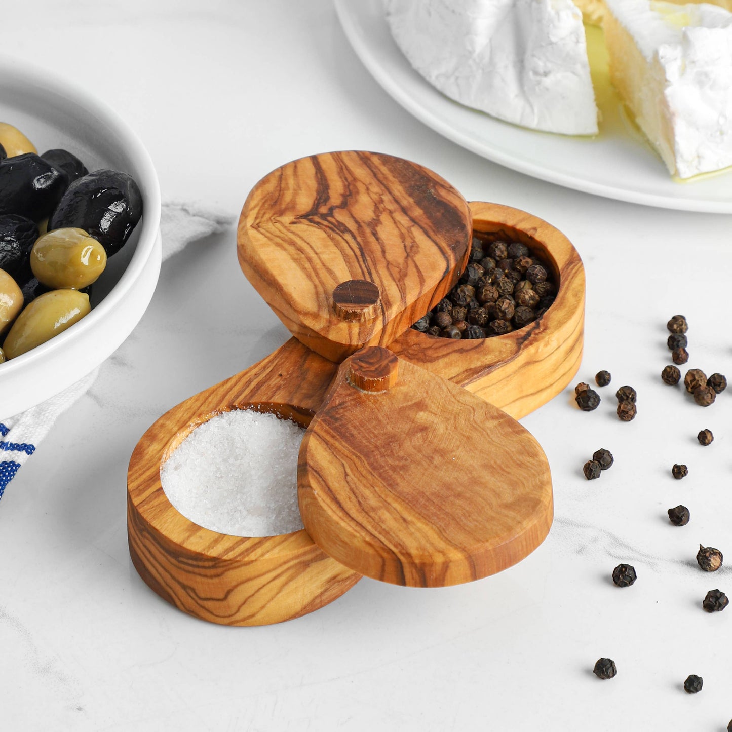 Olive Wood Salt & Pepper Box – Dual Compartment Jar with lid