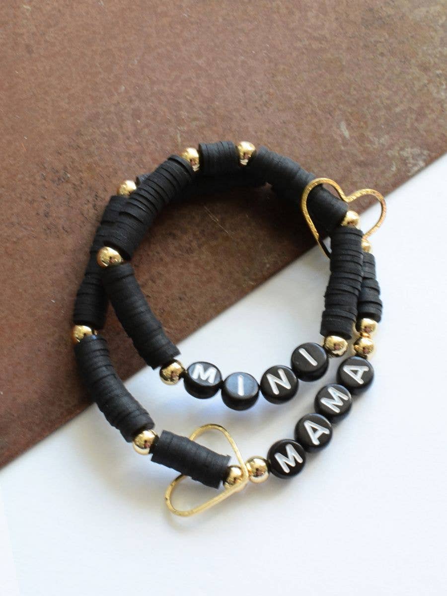 Mama MINI matching beaded bracelet set - Black + gold