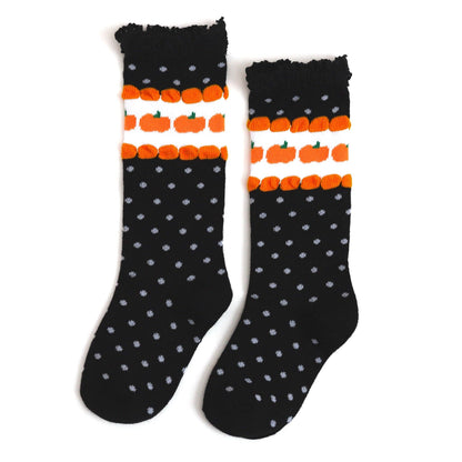 Little Stocking Co. - Pumpkin Dot Lace Top Knee High Socks