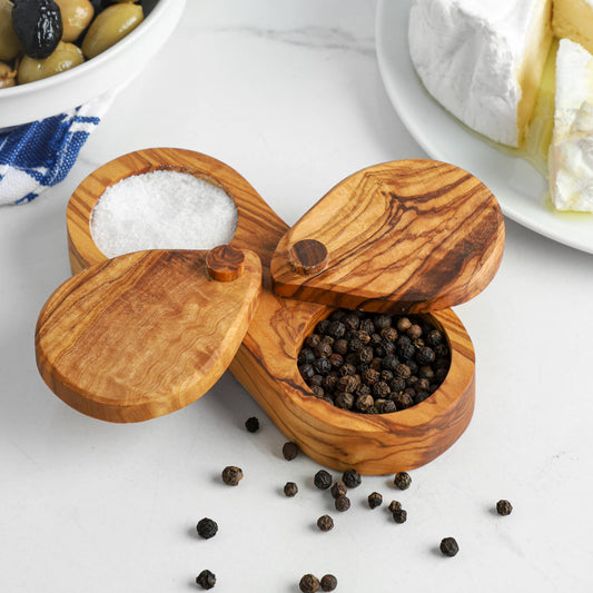 Olive Wood Salt & Pepper Box – Dual Compartment Jar with lid