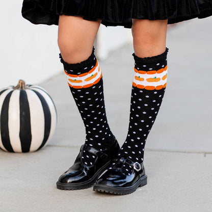 Little Stocking Co. - Pumpkin Dot Lace Top Knee High Socks